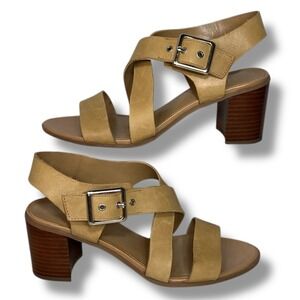 Franco Sarto Helga Tan Leather Block Heel Slingback Sandals Women US‎ 8 EUR 38